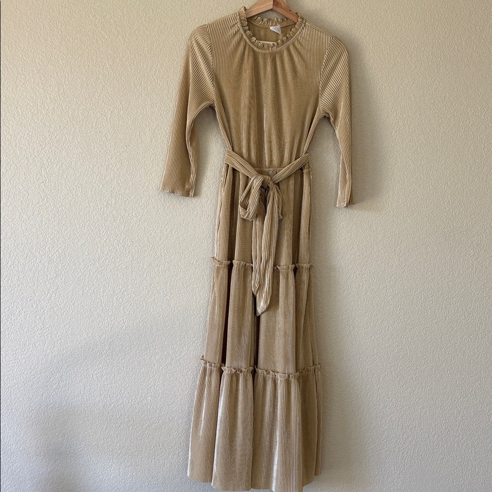 Tan Pleated Maxi Dress,  Three Quarter Length Sleeve, Belted Waist
